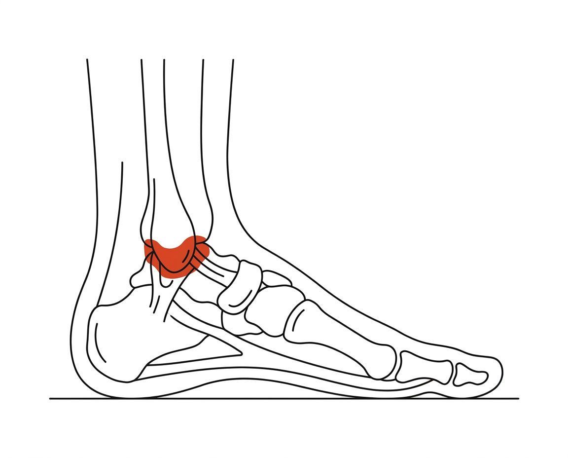 Foot anatomy illustration with the area affected by ankle osteoarthritis highlighted