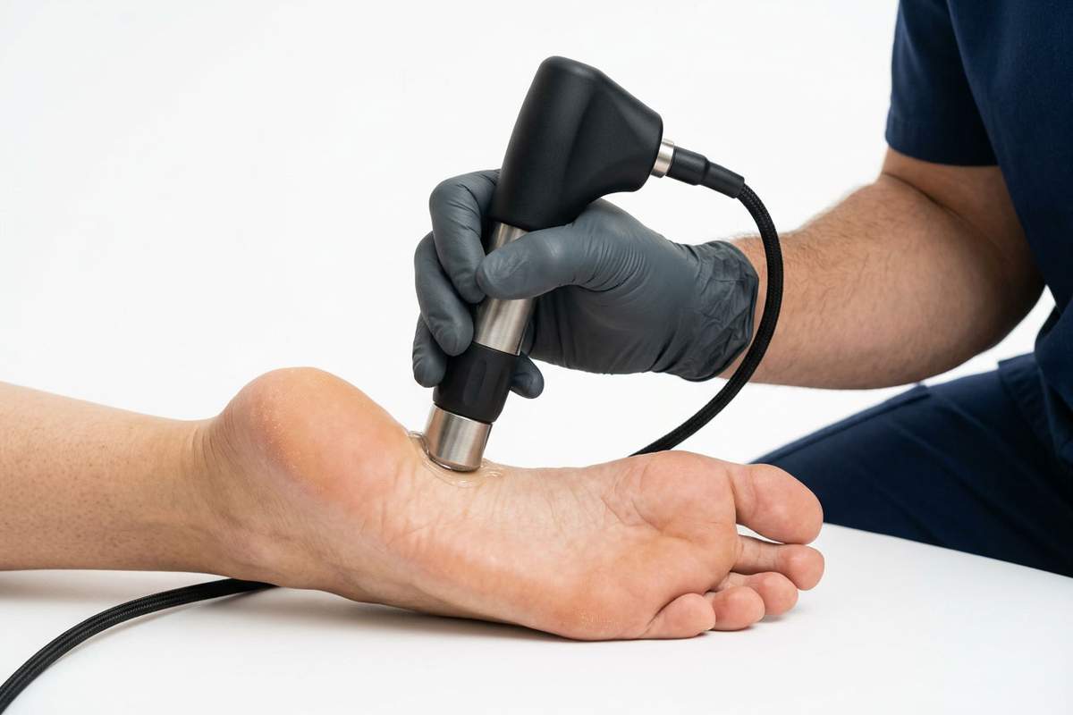 Shockwave applicator on the sole of the foot