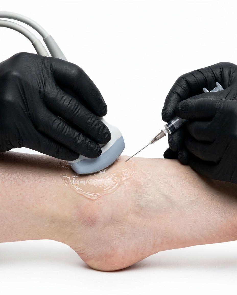 Ultrasound probe guiding an injection at the ankle