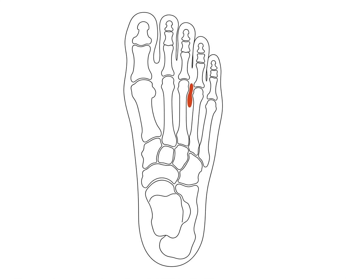 Foot anatomy illustration with the area affected by morton's neuroma highlighted