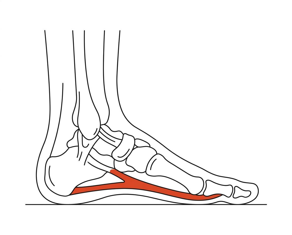Foot anatomy illustration with the area affected by plantar fasciitis highlighted