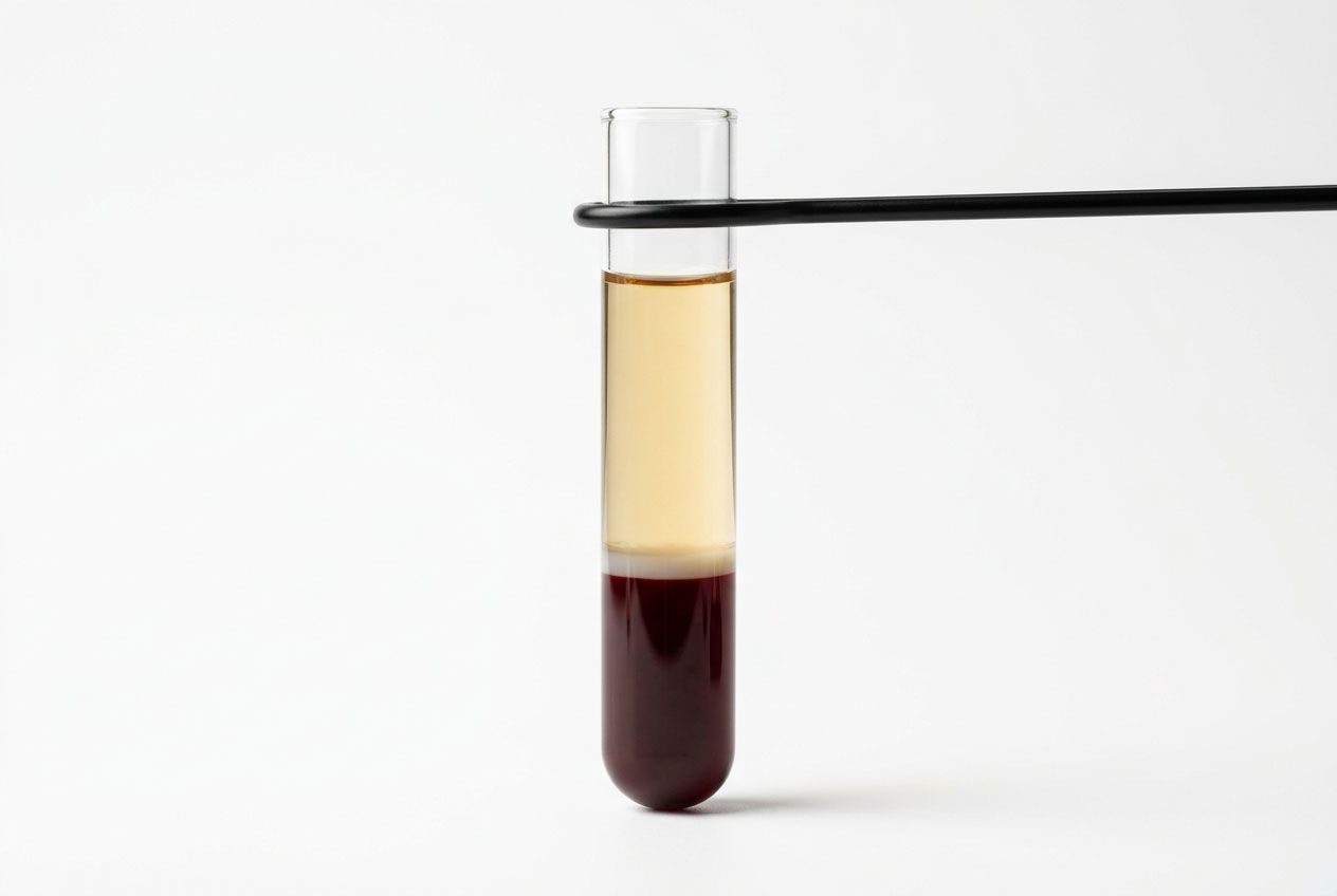 Centrifuged blood sample separated into plasma and red cells