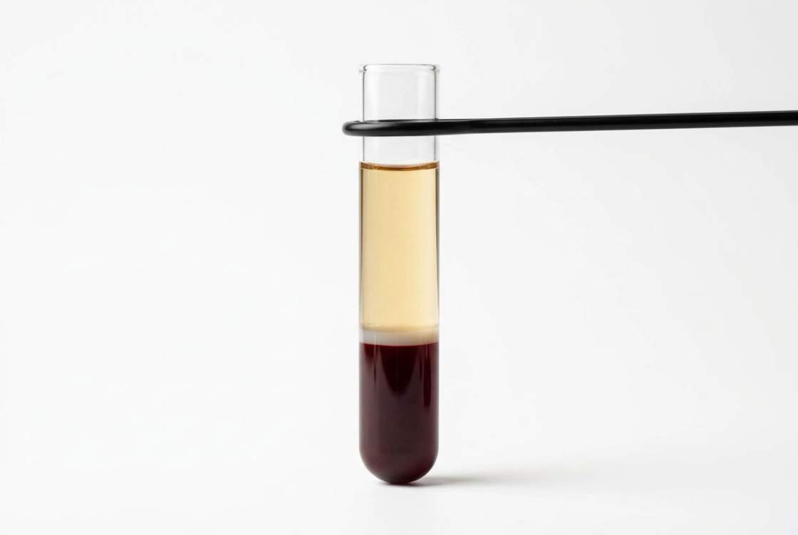 Centrifuged blood sample separated into plasma and red cells