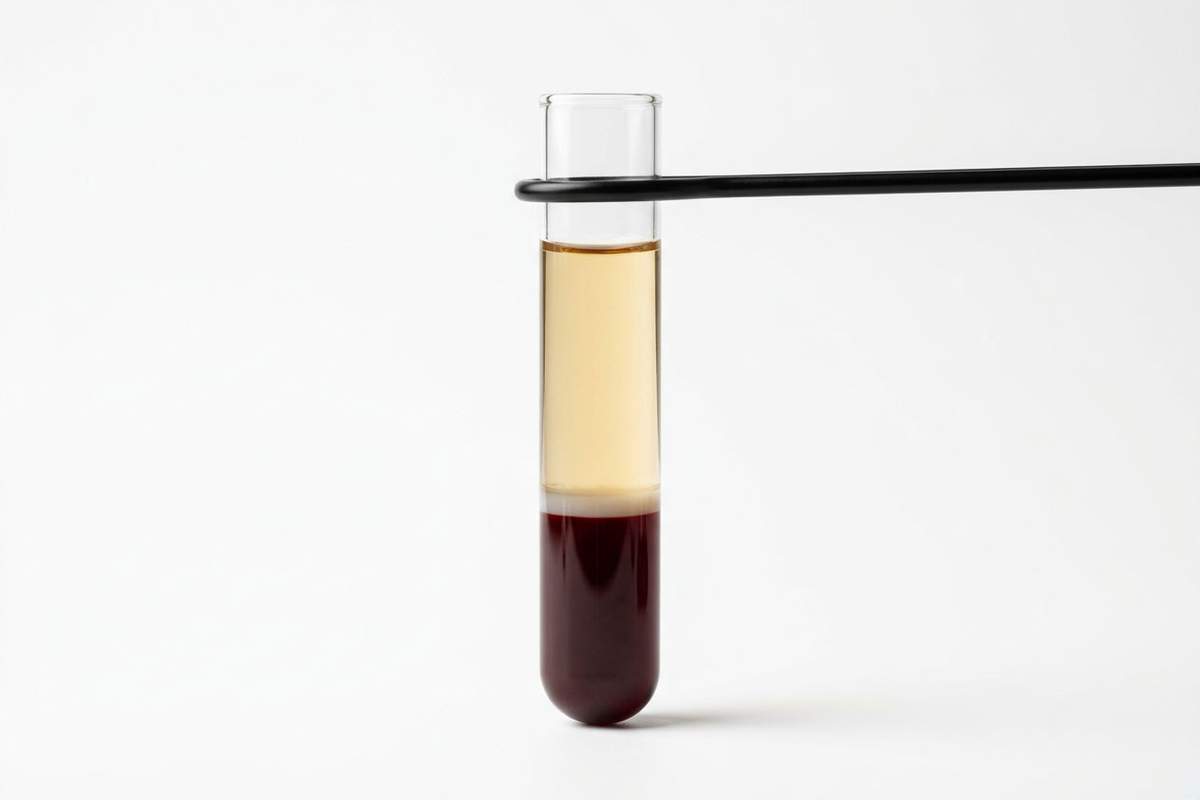 Centrifuged blood sample separated into plasma and red cells