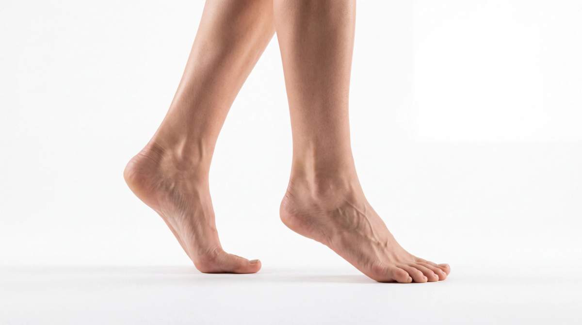 Bare feet mid-stride on a white background