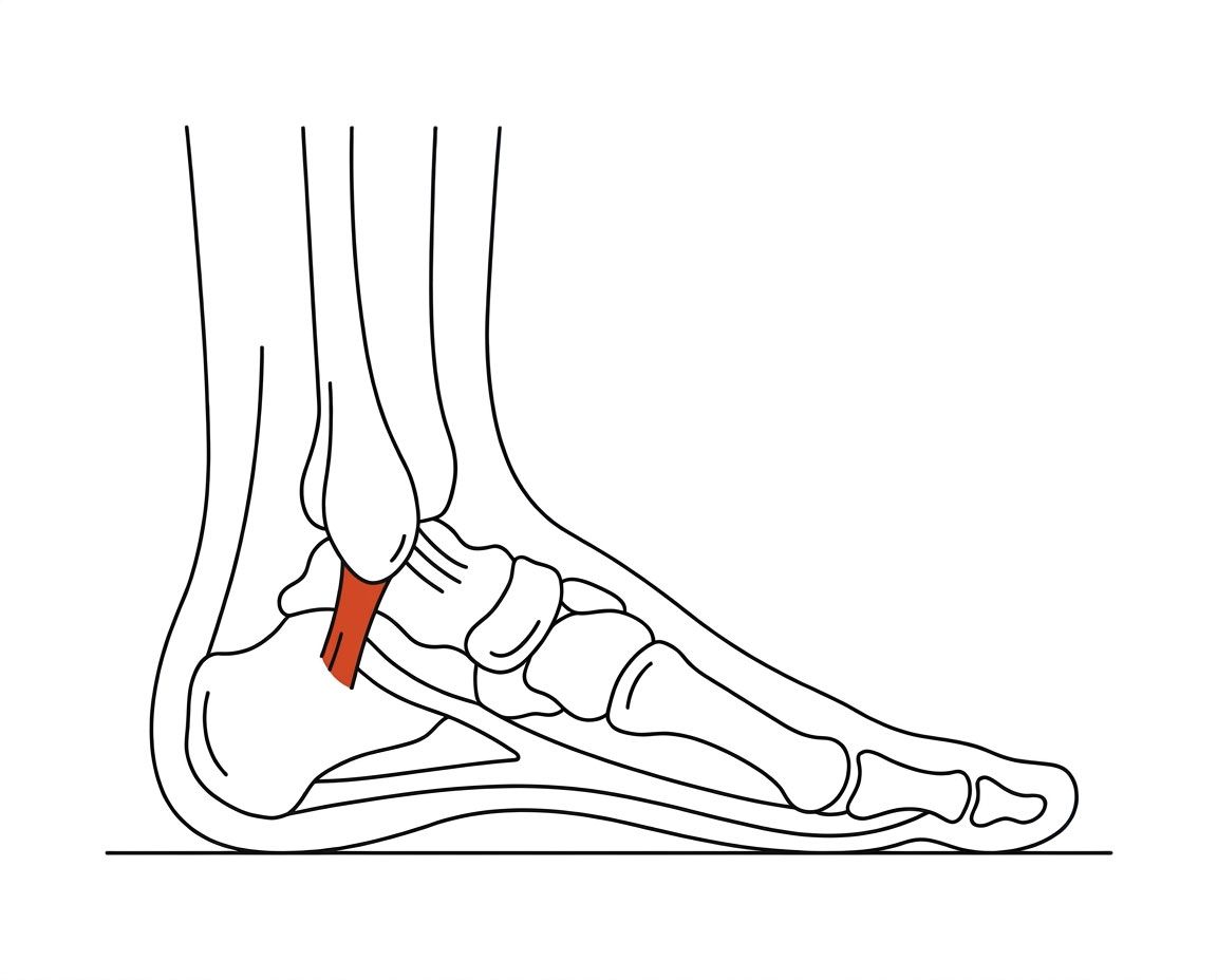 Foot anatomy illustration with the area affected by ankle sprains highlighted