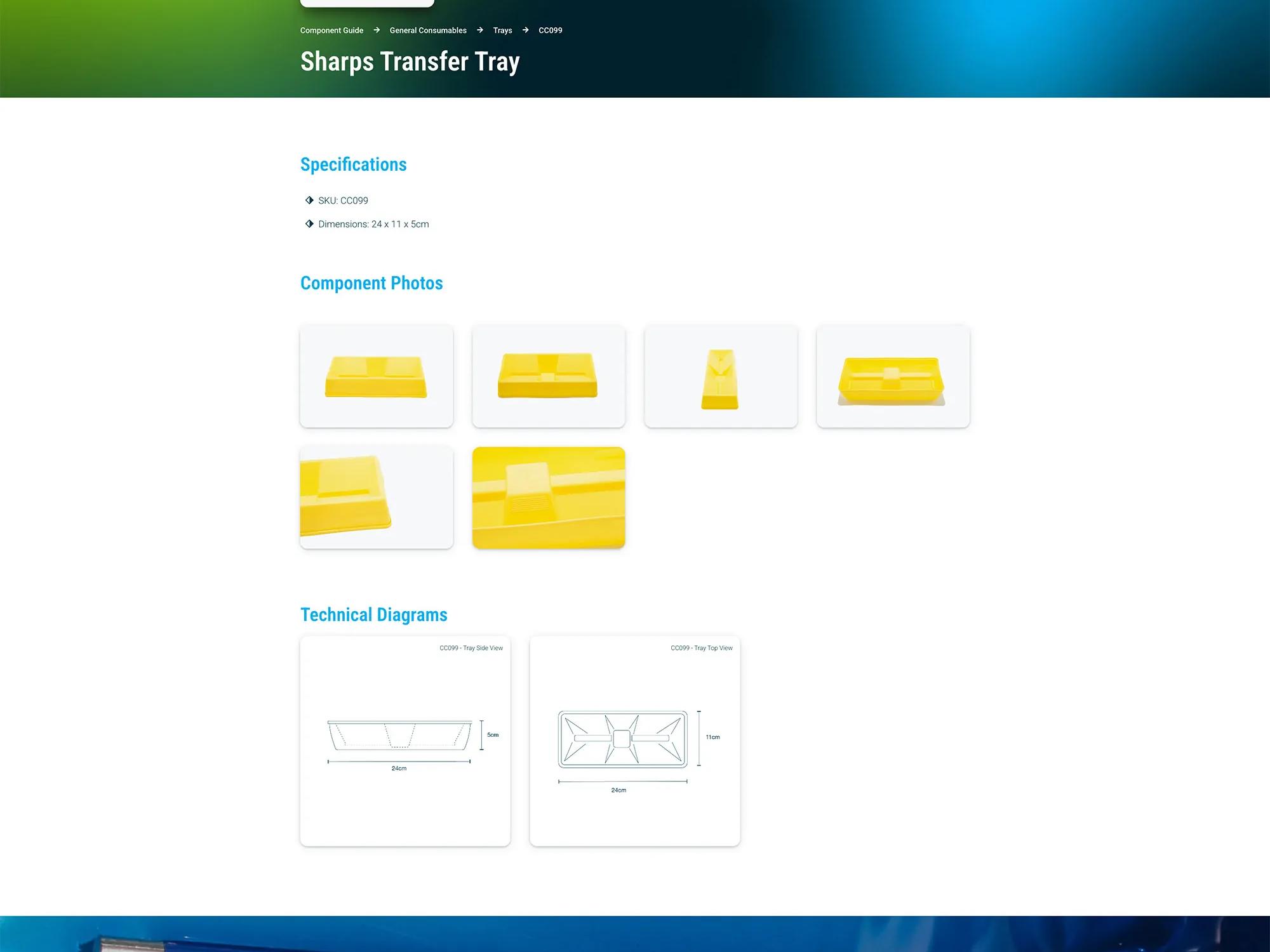 Single post template page displaying sharps tray