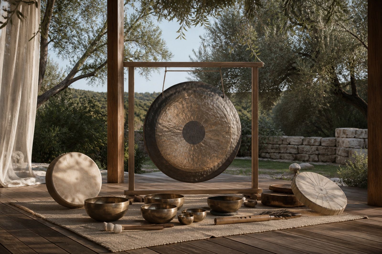 Gong, campane tibetane e tamburi disposti in un padiglione aperto tra gli ulivi.