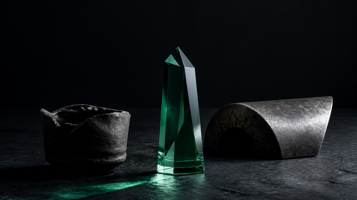 Three material forms represent stages of fashion brand maturity, centered on an emerald glass prism.