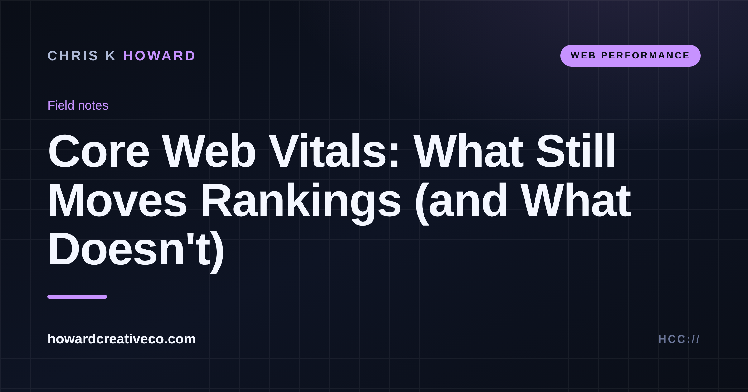 Dark feature graphic titled Core Web Vitals: What Still Moves Rankings on howardcreativeco.com