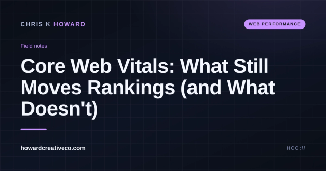 Dark feature graphic titled Core Web Vitals: What Still Moves Rankings on howardcreativeco.com