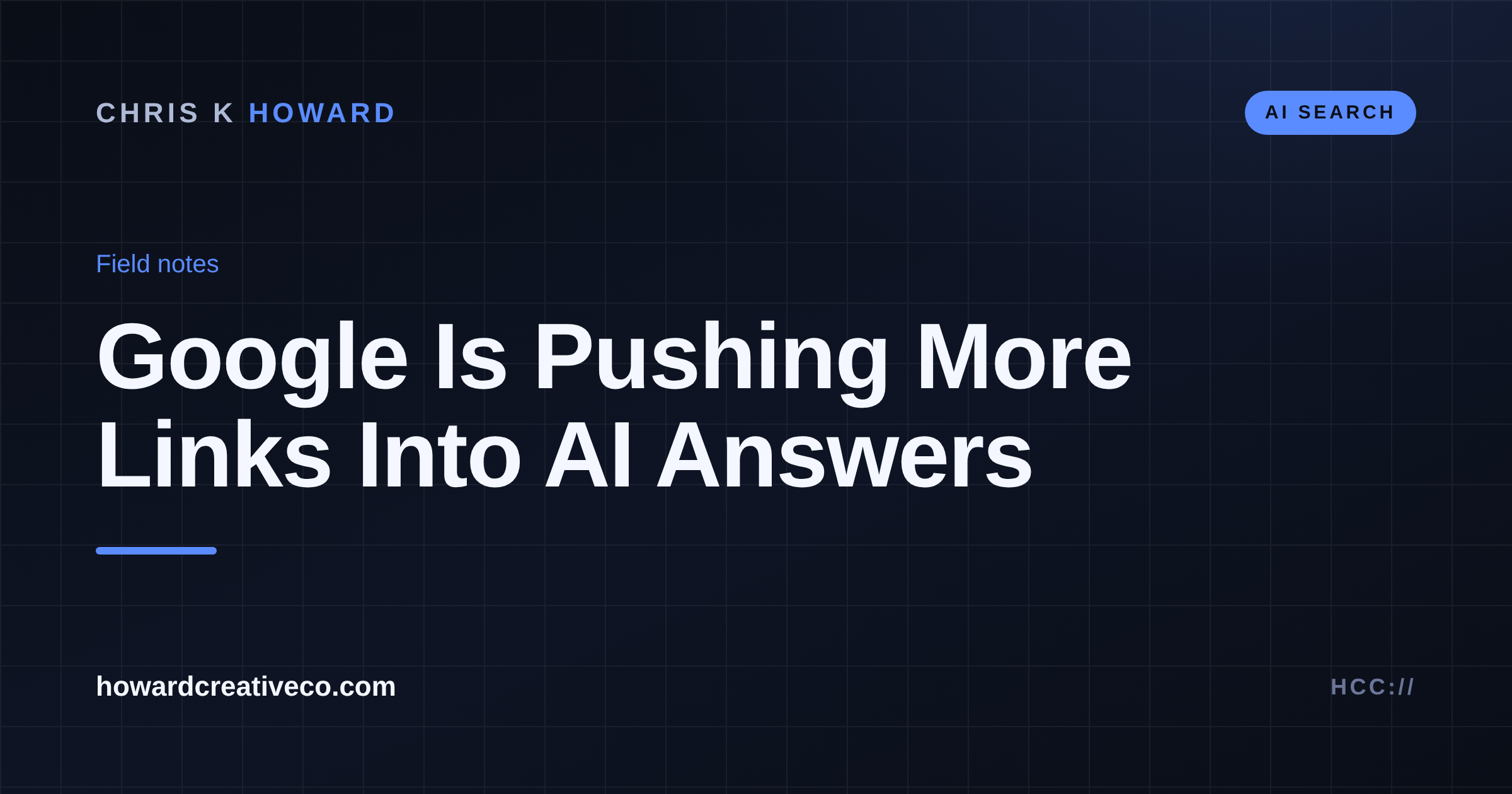 Dark editorial graphic reading Google Is Pushing More Links Into AI Answers, labeled AI Search, from Chris K Howard at howardcreativeco.com