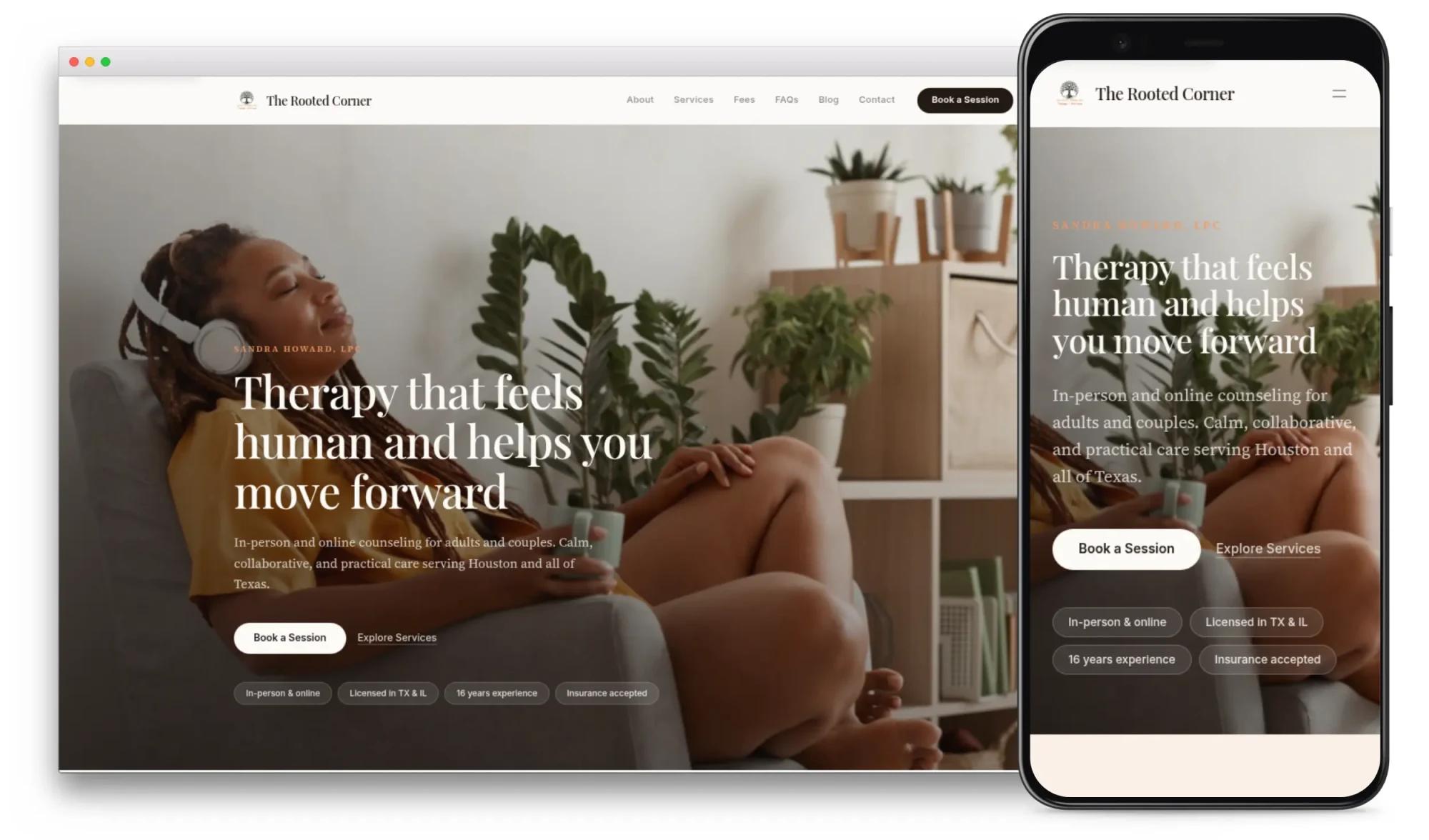 The Rooted Corner homepage mockup showing the "Therapy that feels human and helps you move forward" hero with Book a Session and Explore Services CTAs, on desktop and mobile