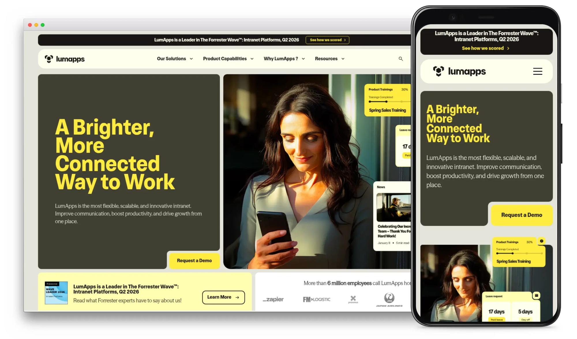LumApps intranet platform homepage showing 'A Brighter, More Connected Way to Work' headline in the Forrester Wave 2026 layout