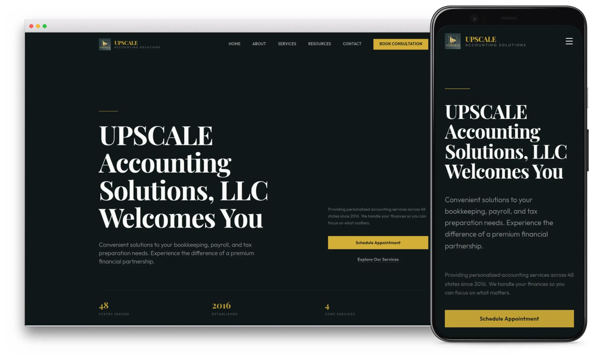 Upscale Accounting Solutions homepage with 'Welcomes You' headline in Editorial Precision serif typography on a dark background