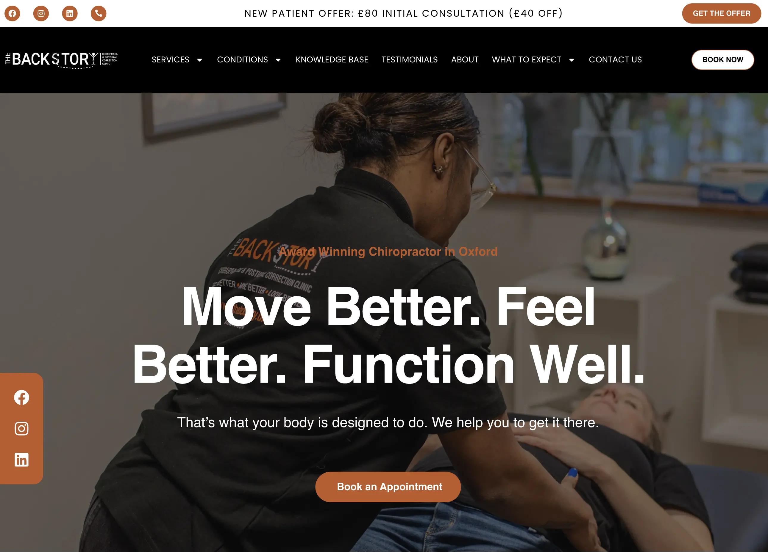 The Backstory homepage: a chiropractor treating a patient, with the headline 'Move Better. Feel Better. Function Well.' and a Book an Appointment call to action