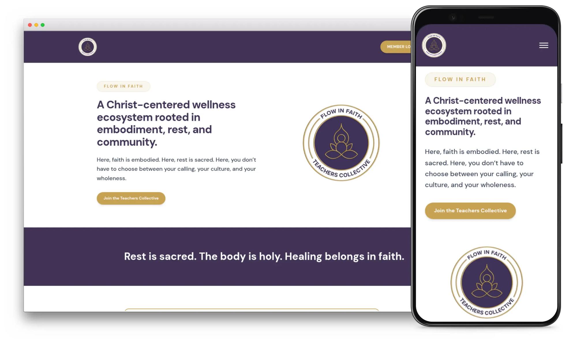 Flow in Faith homepage showing 'A Christ-centered wellness ecosystem' hero with the Teachers Collective gold seal on a purple background