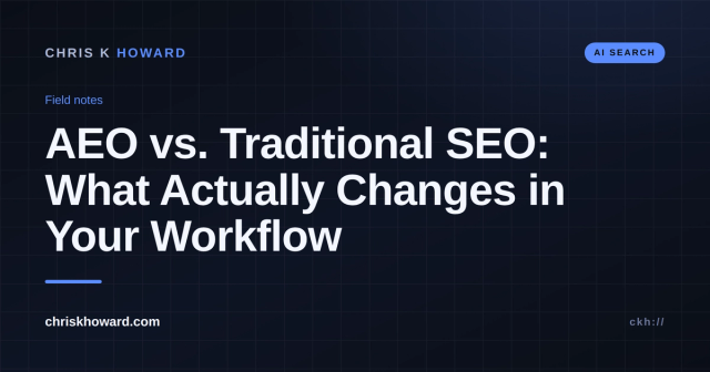 Dark editorial card reading AEO vs. Traditional SEO: What Actually Changes in Your Workflow on chriskhoward.com