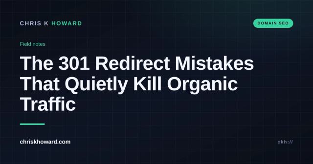 Dark editorial graphic titled The 301 Redirect Mistakes That Quietly Kill Organic Traffic on chriskhoward.com
