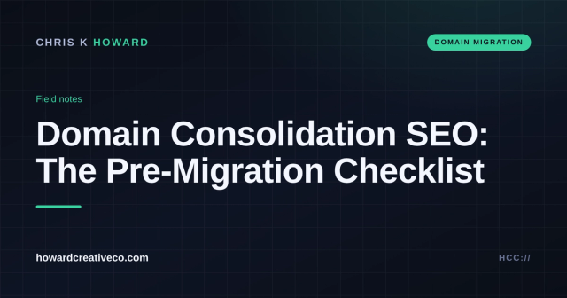 Dark blog cover titled Domain Consolidation SEO: The Pre-Migration Checklist, with a green domain migration label
