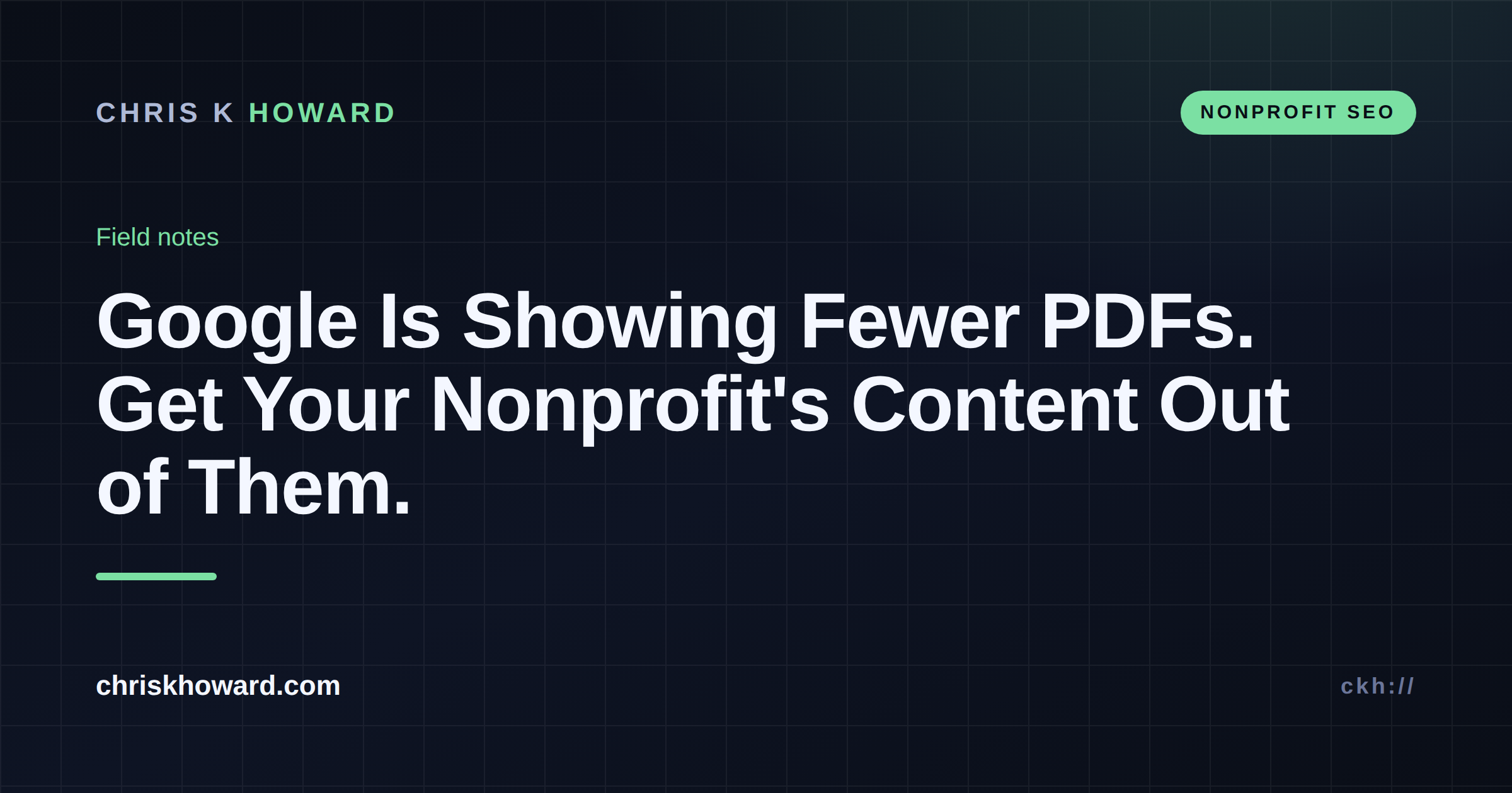 Dark tech-style graphic reading 'Google Is Showing Fewer PDFs. Get Your Nonprofit's Content Out of Them.' with a Nonprofit SEO label