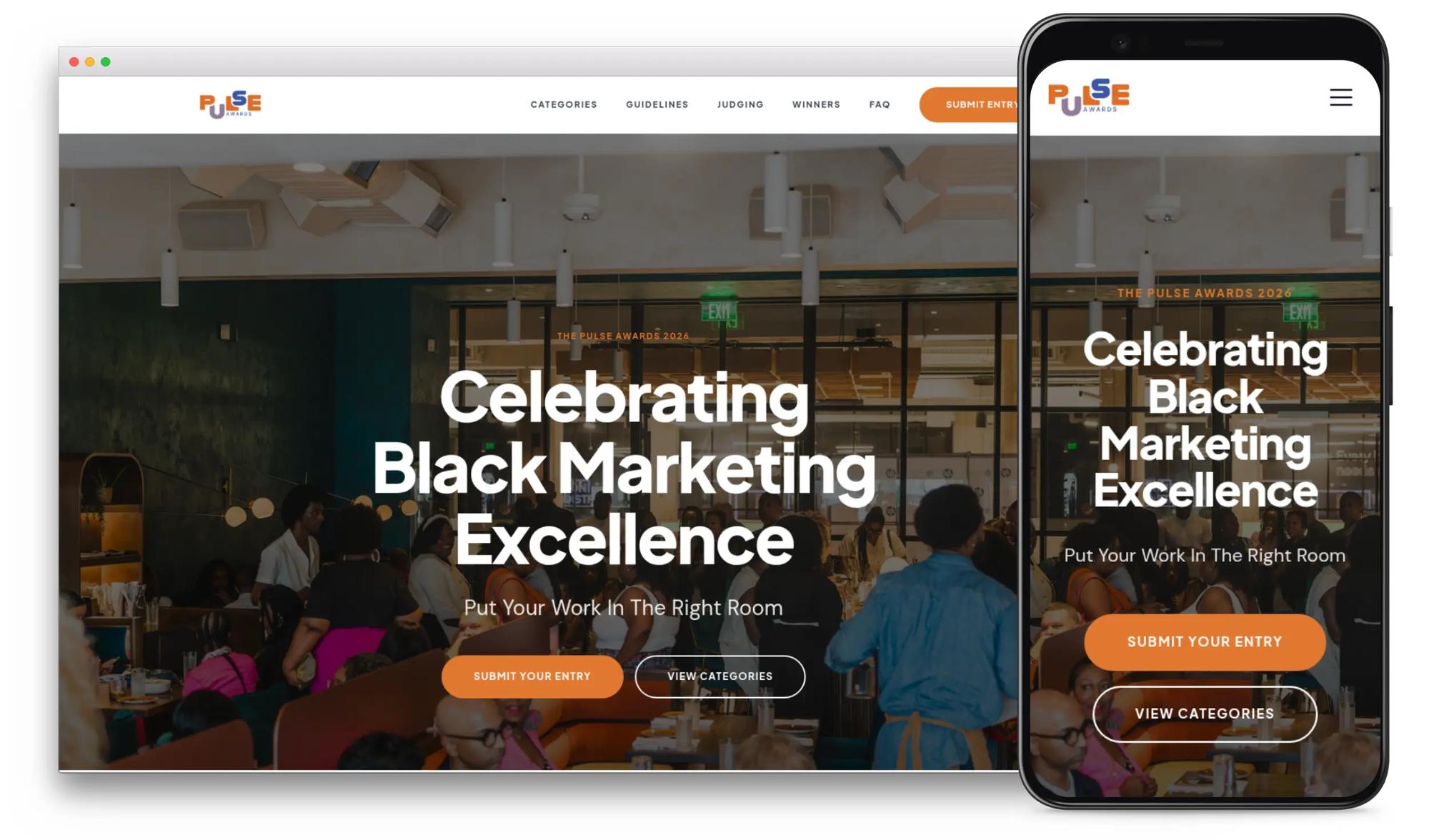 Pulse Awards homepage mockup showing 'Celebrating Black Marketing Excellence' hero with Submit Your Entry and View Categories CTAs