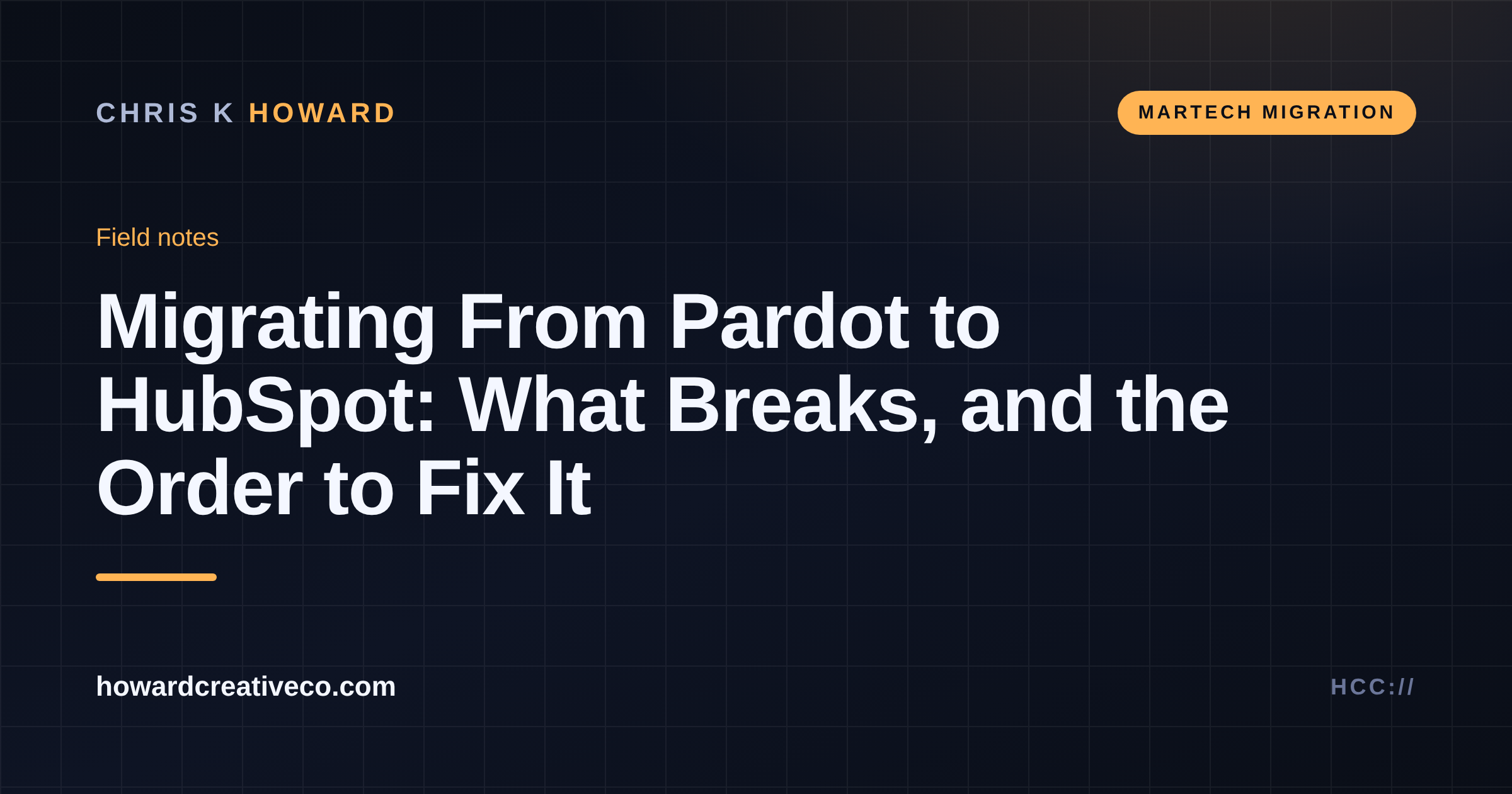 Dark field-notes title card reading Migrating From Pardot to HubSpot: What Breaks, and the Order to Fix It, with a MarTech Migration tag