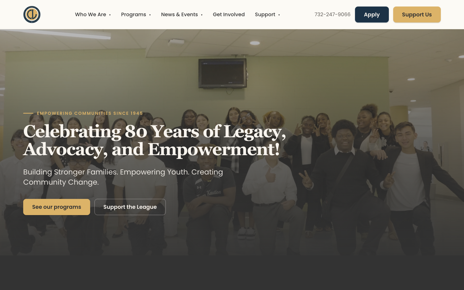Civic League of Greater New Brunswick homepage: a hero photo of youth program participants with the headline 'Celebrating 80 Years of Legacy, Advocacy, and Empowerment'