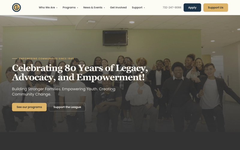 Civic League of Greater New Brunswick homepage: a hero photo of youth program participants with the headline 'Celebrating 80 Years of Legacy, Advocacy, and Empowerment'