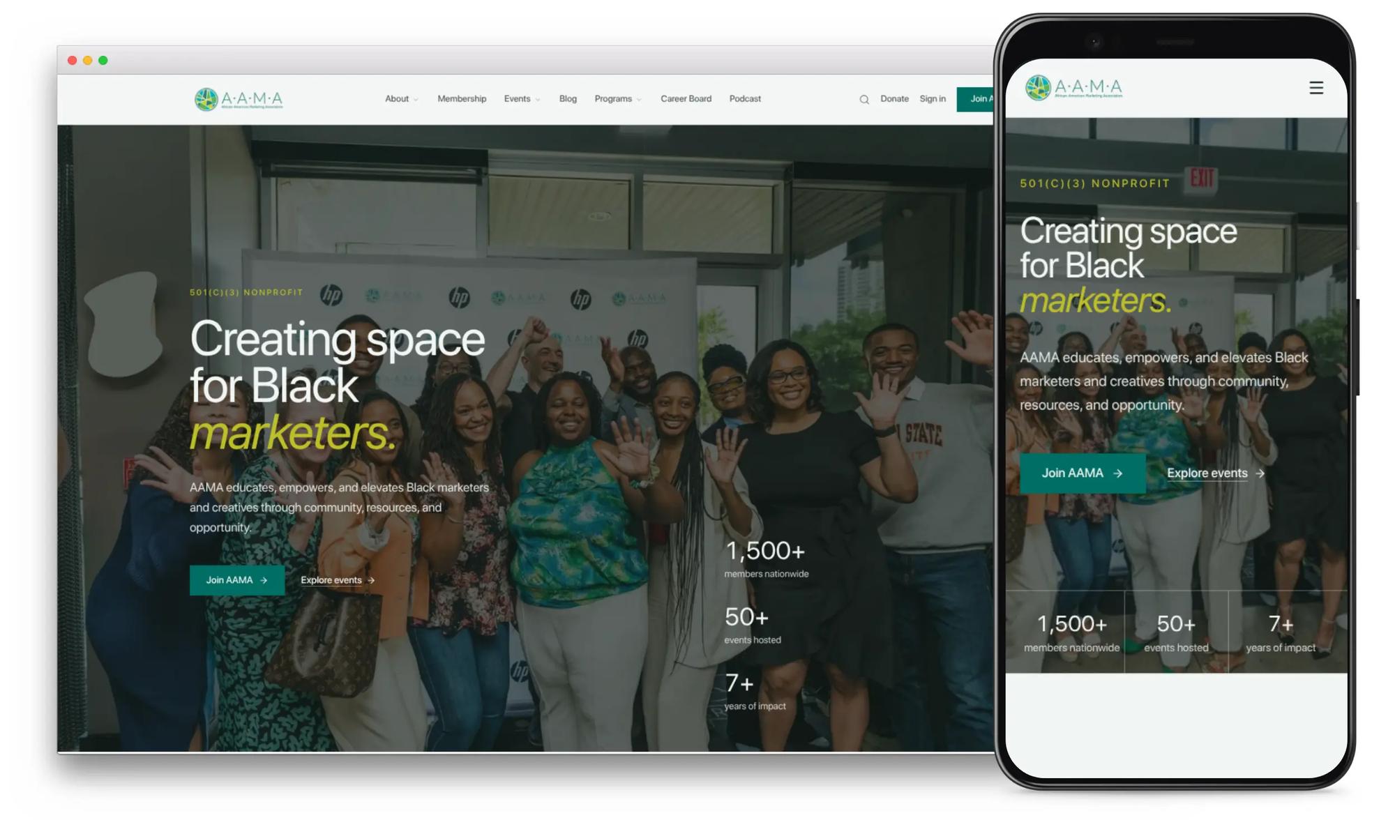 AAMA homepage mockup showing 'Creating space for Black marketers' hero with membership and event statistics