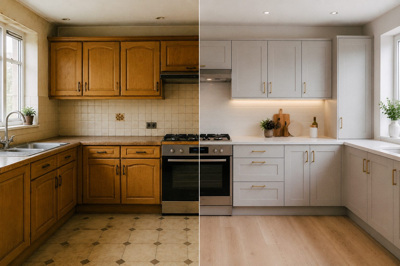 A kitchen before and after renovation