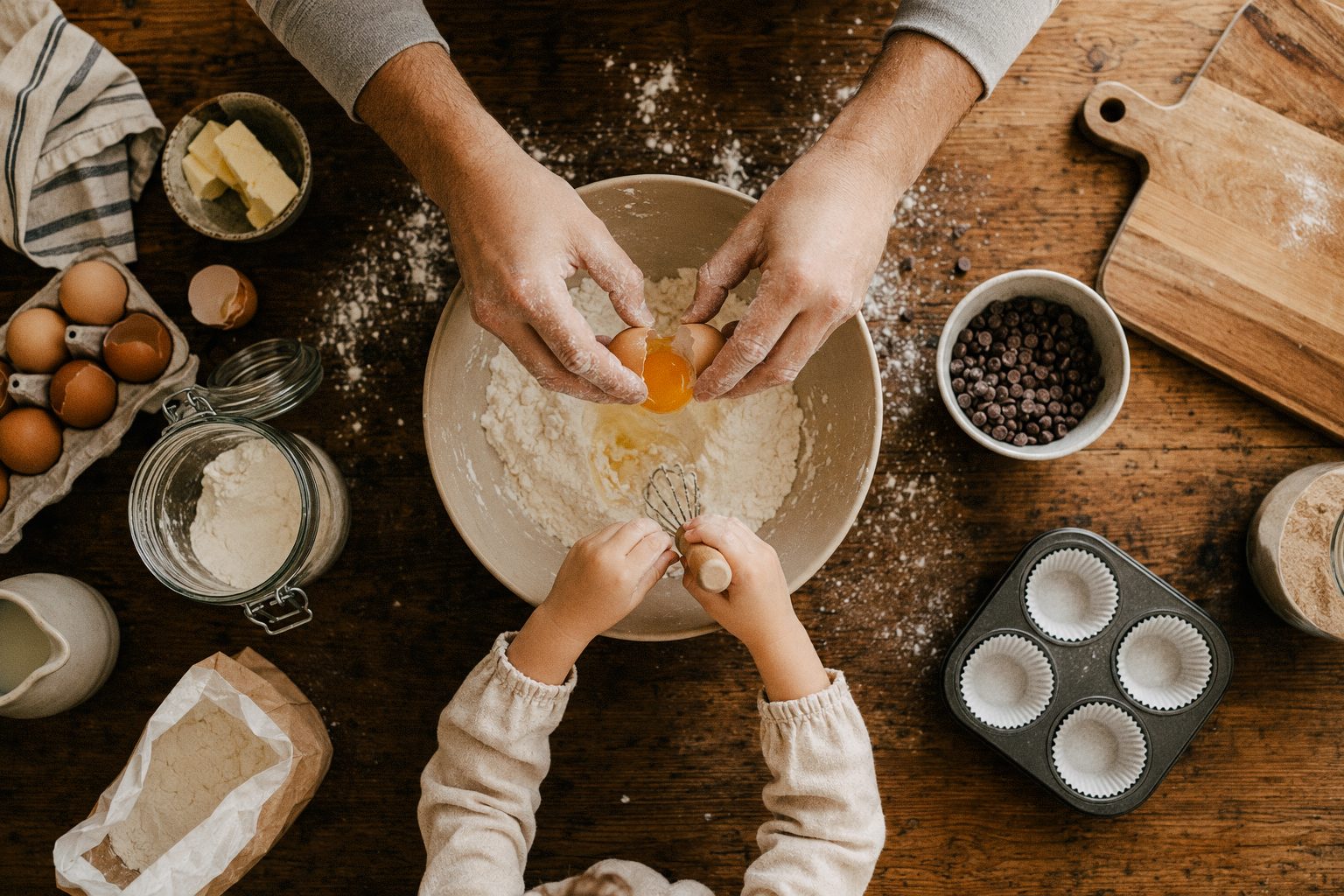 A parent and child baking together