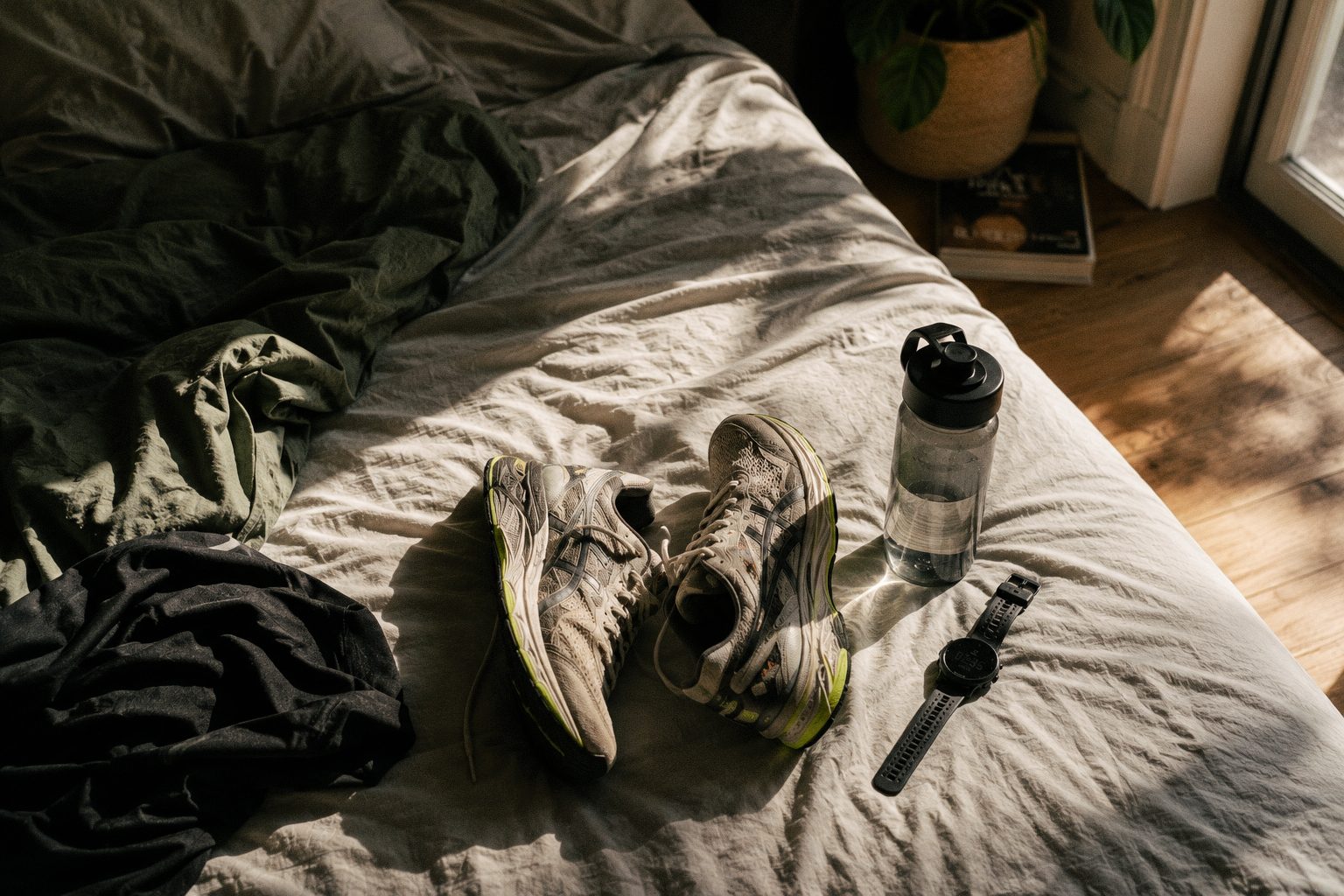 Running equipment laid out on a bed