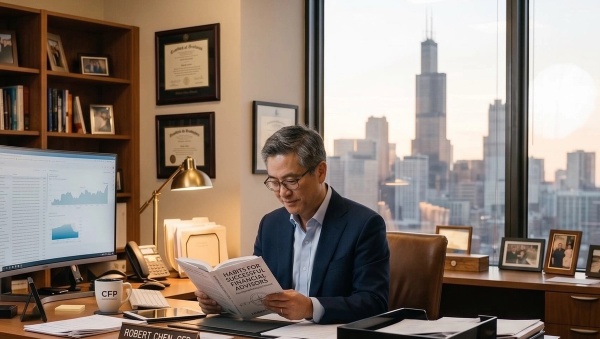 A financial advisor reading a book about the habits for successful financial advisors.