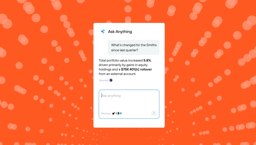 Screenshot of Jump’s “Ask Anything” feature showing a user query and AI-generated financial summary with connected data source icons below.
