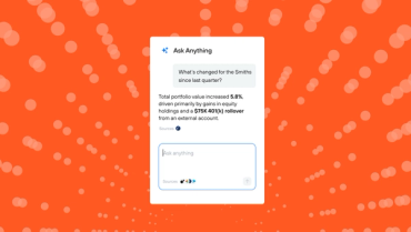Screenshot of Jump’s “Ask Anything” feature showing a user query and AI-generated financial summary with connected data source icons below.