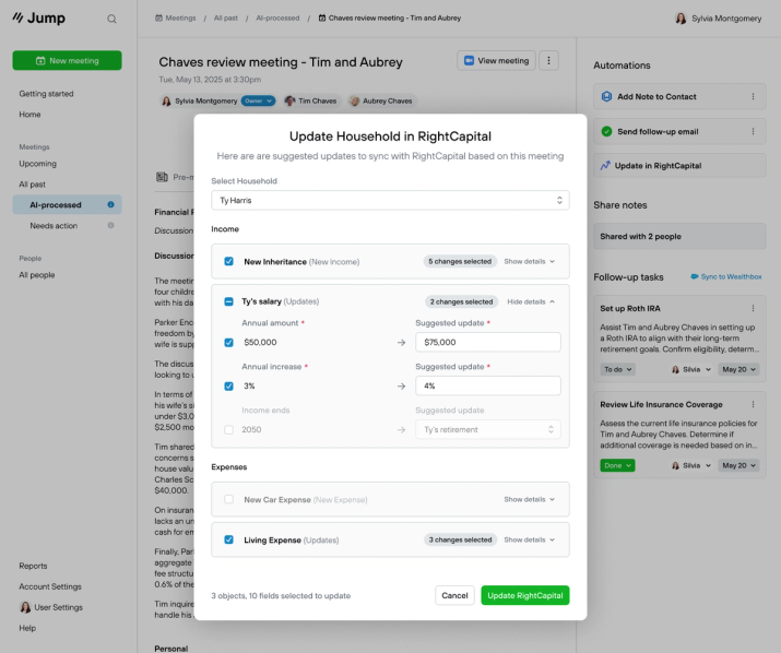 Computer screen with a second pop-up window with the title "Update Household in RightCapital."