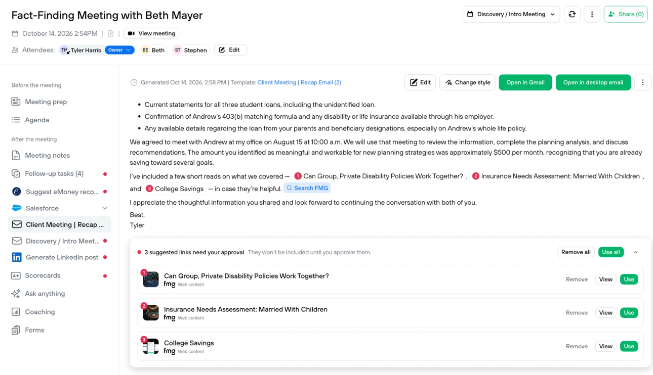 FMG recommends content in Jump's post-meeting recap workflow