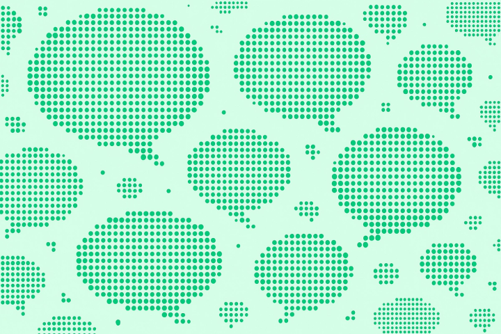 Pattern of green dotted speech bubbles on a light green background, symbolizing conversation and communication.