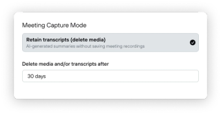 Screenshot of Jump’s retention settings showing “Meeting Capture Mode” with the option to retain transcripts but delete media after 30 days.