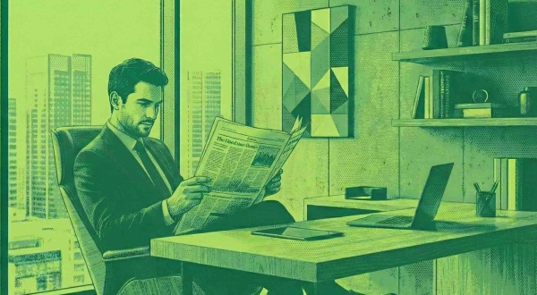 A financial advisor trying to keep up with financial advisor industry trends by reading the paper.