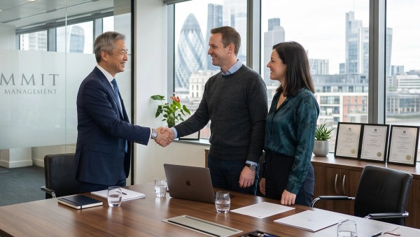 An advisor shaking hands with a client.