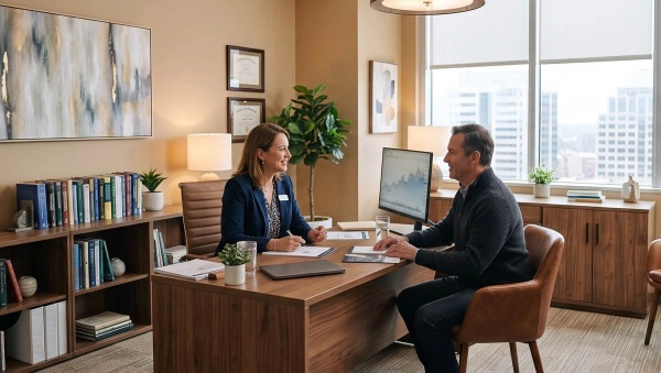 A wealth manager walking a new client through the onboarding process.