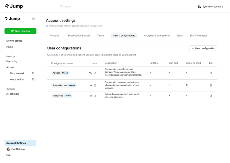 User configurations