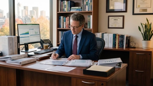 A financial advisor trying to follow financial advisor regulations by filling out paperwork.