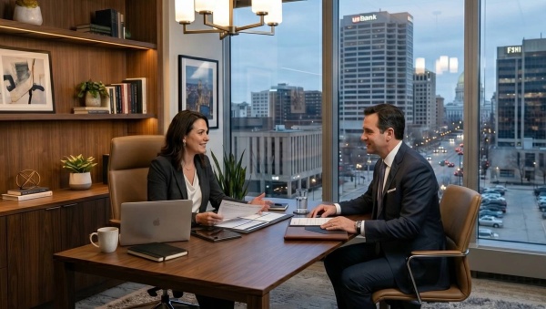 A wealth manager speaking with a well dress client.