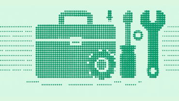 Green dotted illustration of a toolbox, screwdriver, wrench, and gear on a light green background, representing tools and technical support.