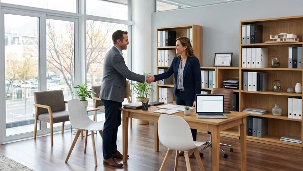 An insurance agent shaking hands with a new client.