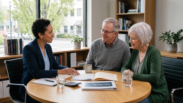 A financial advisor talking to two older clients about a wealth transfer plan.