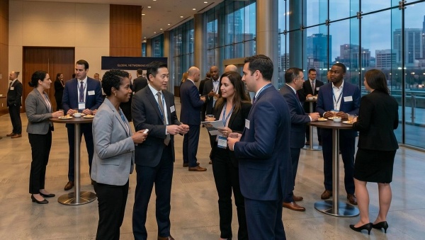 Financial advisors networking at an event.